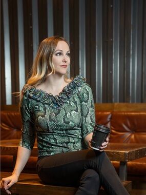 Samuel Dong Green Patterned Ruffled Neck Women's Top